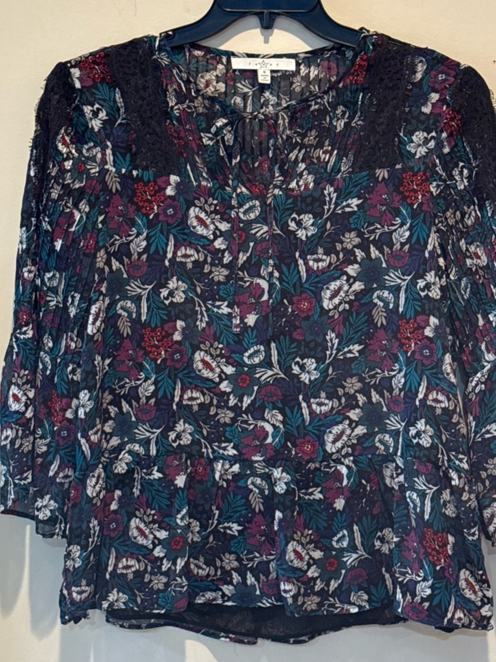 Fever Navy Floral Lace-Trim Peasant Blouse